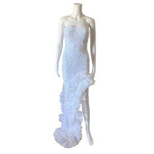 FAERIESTY Womens Size XS Strapless White Sequined Mermaid Split Thigh Prom Dress